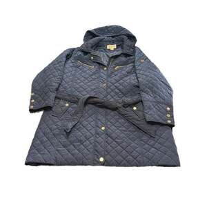 Michael Kors Women's Navy Quilted Hooded Trench Jacket with Gold Hardware